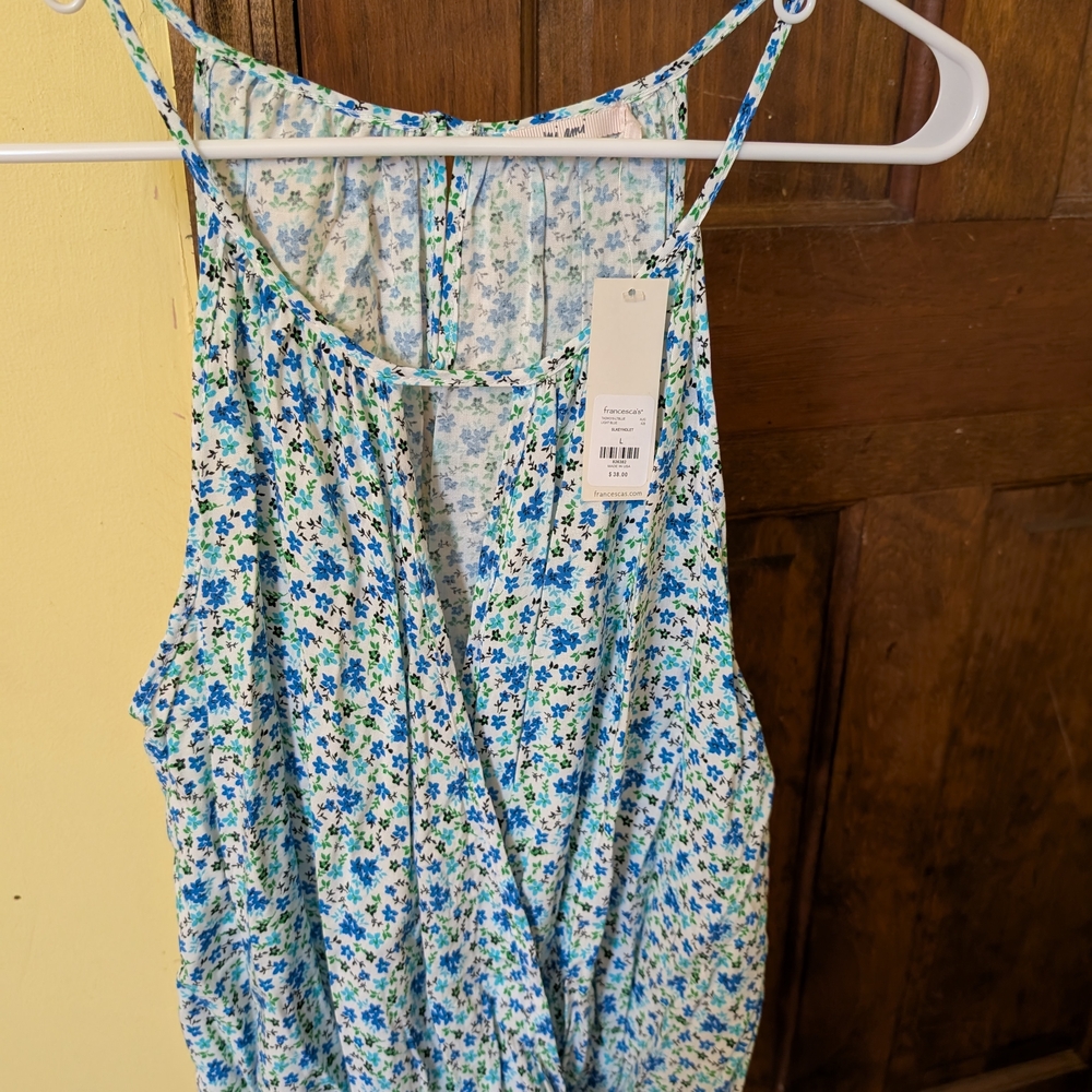 NWT Francesca's Floral Print Spaghetti Strap Tank Top in Blue and White